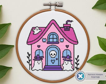Haunted Pink Halloween House Cross Stitch Pattern: Spooky Gothic Embroidery (PDF)