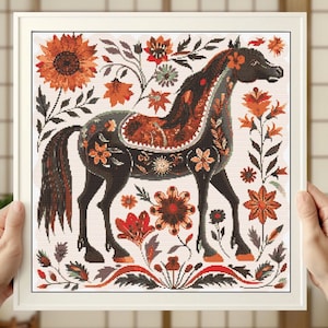Volkskunstpaard met bloemen Cross Stitch patroon PDF | Wild Animal xstitch getelde grafiek | Modern en eenvoudig digitaal kruissteekpatroon PDF