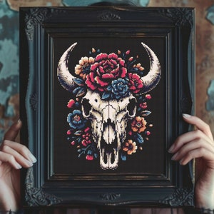Gothic Cow Skull Cross Stitch Pattern: Dark Witchy Chart (PDF)