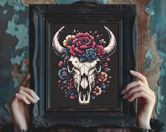 Gothic Cow Skull Cross Stitch Pattern: Dark Witchy Chart (PDF)