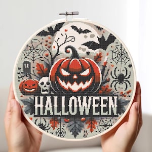 Halloween Kürbis Kreuzstichvorlage: Gruseliges Gothic Design PDF-Muster