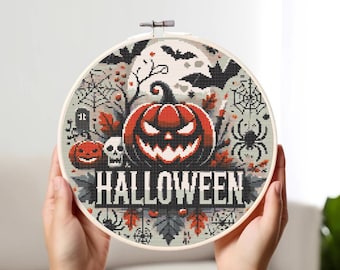 Halloween Pumpkin Cross Stitch Chart: Spooky Gothic Design (PDF Pattern)