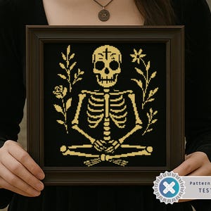 Folk Art Skeleton Cross Stitch Pattern: Gothic Floral Design (PDF Pattern, Beginner-Friendly)