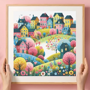 Puede incluir: Una ilustración colorida de un pequeño pueblo ubicado en un valle verde. Las casas están pintadas en tonos brillantes de rosa, amarillo, azul y verde. Árboles exuberantes con hojas rosas, amarillas y verdes rodean el pueblo.