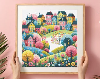 Village Houses Cross Stitch Pattern: Rustic Landscape (PDF Download)