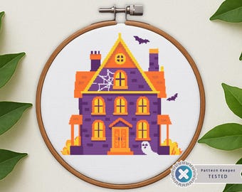 Haunted House Cross Stitch Pattern: Spooky Halloween Ghosts, Bats, Cat (PDF)
