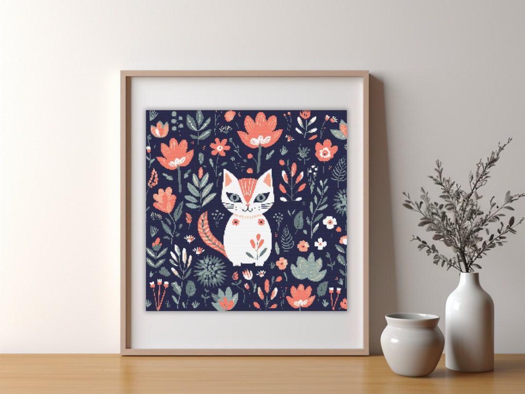 Abstract Cat Pattern Abstract Cat With Flowers Cross Stitch Pattern (PDF Pattern) - Etsy