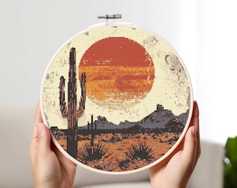 Patrón de punto de cruz "Atardecer en el desierto retro": Paisaje (PDF, descarga inmediata)