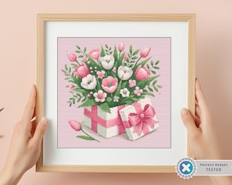 Tulpen in geschenkverpakking Kruissteekpatroon: bloemenboeket (pdf-patroon)
