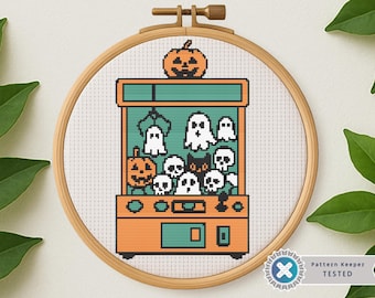 Halloween Claw Machine Cross Stitch Pattern – Spooky Gothic Embroidery (PDF Pattern)