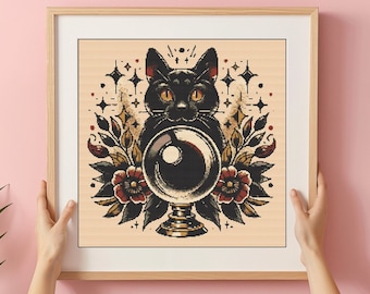 Gothic Cat Cross Stitch Pattern: Spooky Halloween X-Stitch (PDF)