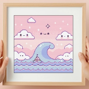 Kawaii Wave Cross Stitch Pattern: Pastel Japan Landscape (PDF)