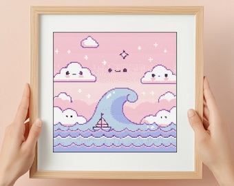 Kawaii Wave Cross Stitch Pattern: Pastel Japan Landscape (PDF)