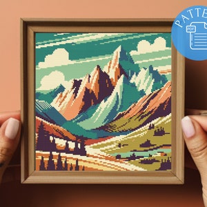 Moderne Natur Berglandschaft Kreuzstich Muster PDF | Wild Nature xStitch Stickvorlage | Einfaches digitales Stickmuster