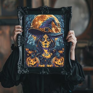Witch Cross Stitch Pattern | Modern Halloween Witch X-Stitch | Spooky Halloween cross stitch counted chart | Digital Cross Stitch