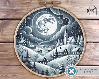 Winter Village Full Moon Cross Stitch Pattern: Snowy Landscape (PDF Download)