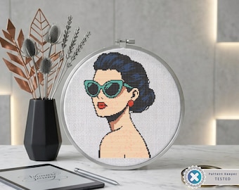 Pop Art Woman Cross Stitch Pattern, Retro Sunglasses Embroidery Chart (PDF Download)