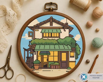 Japanese House Cross Stitch Pattern: Cottagecore Cityscape (PDF)