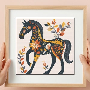 Volkskunstpaard met bloemen Cross Stitch patroon PDF | Wild Animal xstitch getelde grafiek | Modern en eenvoudig digitaal kruissteekpatroon PDF