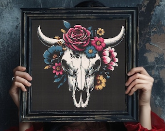 Gothic Cow Skull Cross Stitch Pattern: Dark Witchy Chart (PDF)