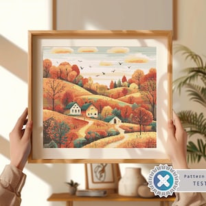 Autumn Forest Village houses Cottage cross stitch pattern | Modern Fall Cross Stitch | Landscape cross stitch | Autumn xstitch chart