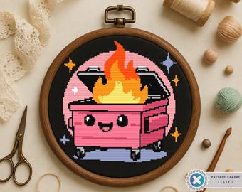 Kawaii Dumpster Fire Cross Stitch Pattern: Funny Meme Embroidery (PDF)