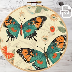 Vintage Floral Butterfly Cross Stitch Pattern PDF | Modern xstitch Chart | Nature Cross Stitch Template | Digital Instant download PDF