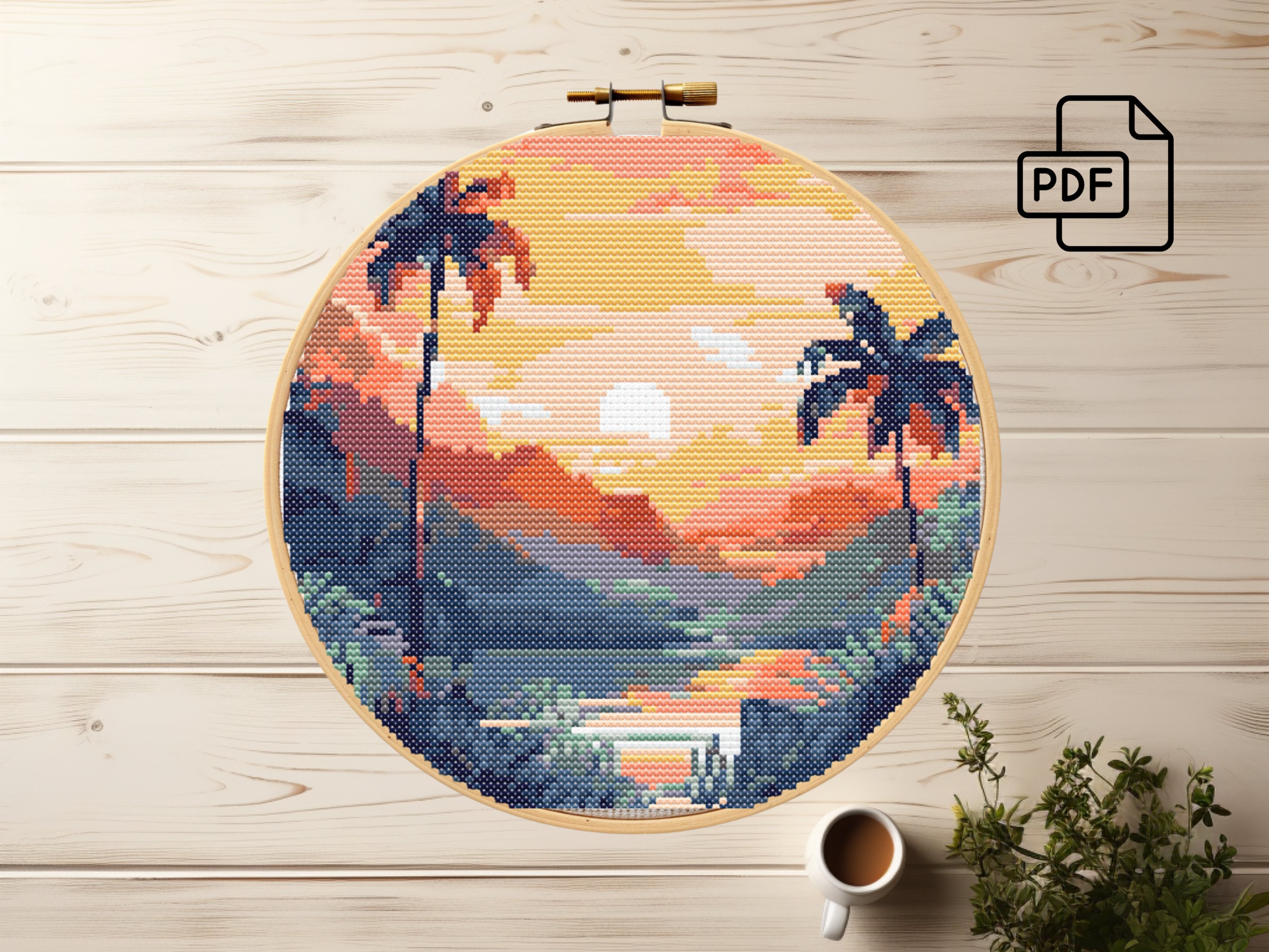Sunset in the Mountains Cross Stitch Pattern, Instant Download