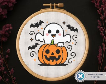 Ghost and Pumpkin Cross Stitch Pattern – Kawaii Halloween Embroidery (PDF Pattern)