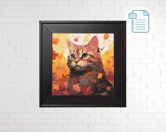 Autumn Cat Cross Stitch Pattern: Halloween Holiday Embroidery (PDF)