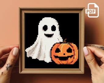 May include: A white ghost with a friendly smile stands next to an orange pumpkin with a jack-o'-lantern face. Both are on a black background.