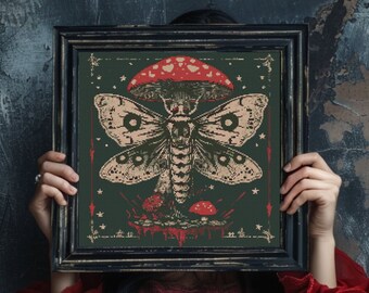 Gothic Moth and Mushroom Cross Stitch Pattern: Dark Witchcraft Chart (PDF)