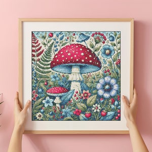 Padrão de ponto cruz de cogumelo PDF | Gráfico contado xstitch botânico | Padrão floral bordado | Ponto cruz gótico | Decoração de parede para casa