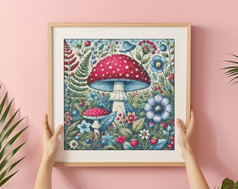 Pilz Botanische Kreuzstich-Muster: Blumenstickerei (PDF-Muster)