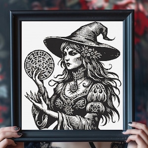 Witch Woodcut Cross Stitch Pattern PDF | Creepy Dark Halloween xstitch counted chart | Goth X-Stitch Witchy Craft | Modern Xstitch Pattern