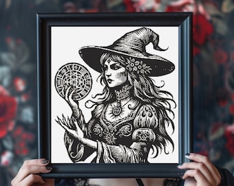 Patrón de punto de cruz de xilografía de bruja: Halloween oscuro (PDF)