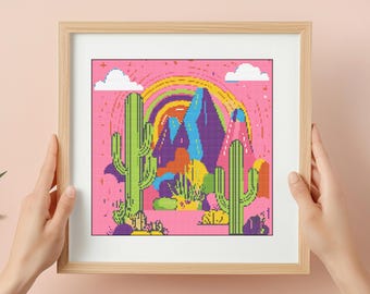 Desert Sunrise Cross Stitch Pattern: Cactus Landscape (PDF Download)