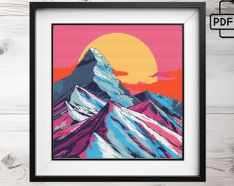 Pop Art Mountain Sunset Cross Stitch Pattern (Instant Download PDF)