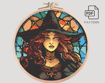 Stained Glass Witch Cross Stitch Pattern: Gothic Halloween (PDF Pattern)