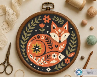 Folk Art Fox Cross Stitch Pattern: Scandinavian Floral Design (PDF)