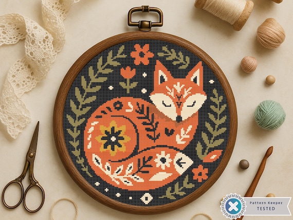 Folk Art Fox Cross Stitch Pattern: Scandinavian Floral Design (PDF