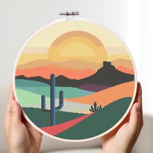 Sonnenaufgang in der Wüste Kreuzstichmuster, Sonnenuntergang X-Kreuzstich, Sofort-Download PDF, gezählter Kreuzstich, Wüstenkreuzstich, Diagramm