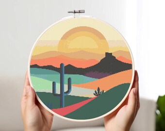 Sunrise Desert Cross Stitch Pattern: Modern Landscape (PDF Pattern)