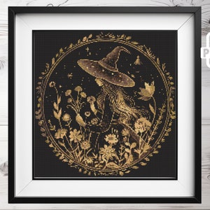 Gold Witch  Cross Stitch Pattern | Gothic xstitch | Spooky Dark Chart | Creepy Xstitch PDF |  Digital Cross Stitch Pattern PDF