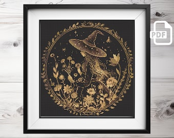 Kreuzstichmuster Gothic Hexe in Gold: Gespenstisches Kreuzstichmuster (PDF)