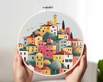 Folk Art Town Cross Stitch Pattern: Colorful Village Design (PDF Pattern)