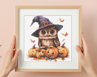 Halloween Witch Owl Cross Stitch Pattern: Spooky Modern Chart (PDF)