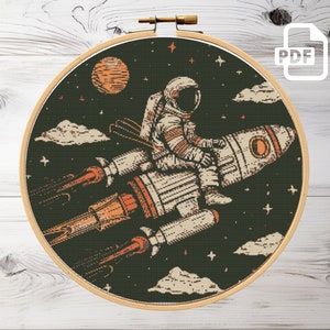 ロケットに乗った宇宙飛行士のクロスステッチ パターン PDF、コスモス x-クロスステッチ、即時ダウンロード PDF、カウント クロスステッチ、クロスステッチ チャート
