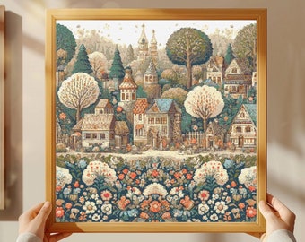 Village Houses Cross Stitch Pattern: Rustic Town Landscape (PDF)