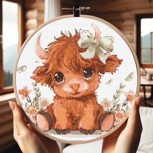 Highland Kuh Kreuzstich-Muster PDF | Niedliches Tier Kreuzstich Muster | Kreuzstich für Babys, Kinder | Einfache xStichtabelle | Digital